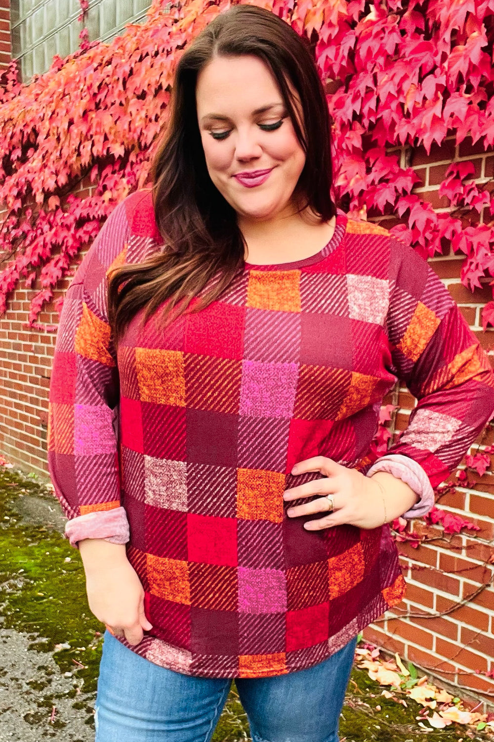 You Got This Burgundy Checker Plaid Print Hacci Knit Top