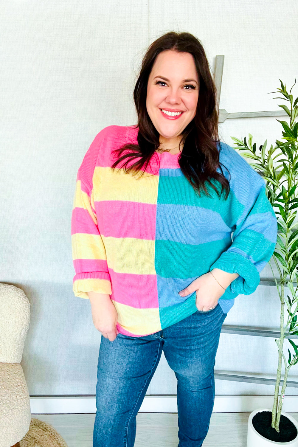 Catch Glances Blush & Blue Stripe Color Block Knit Sweater