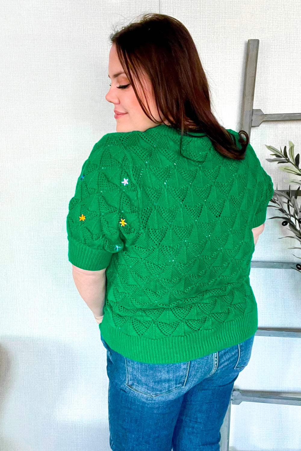 Flower Power Embroidered Crochet Textured Short Sleeve Sweater