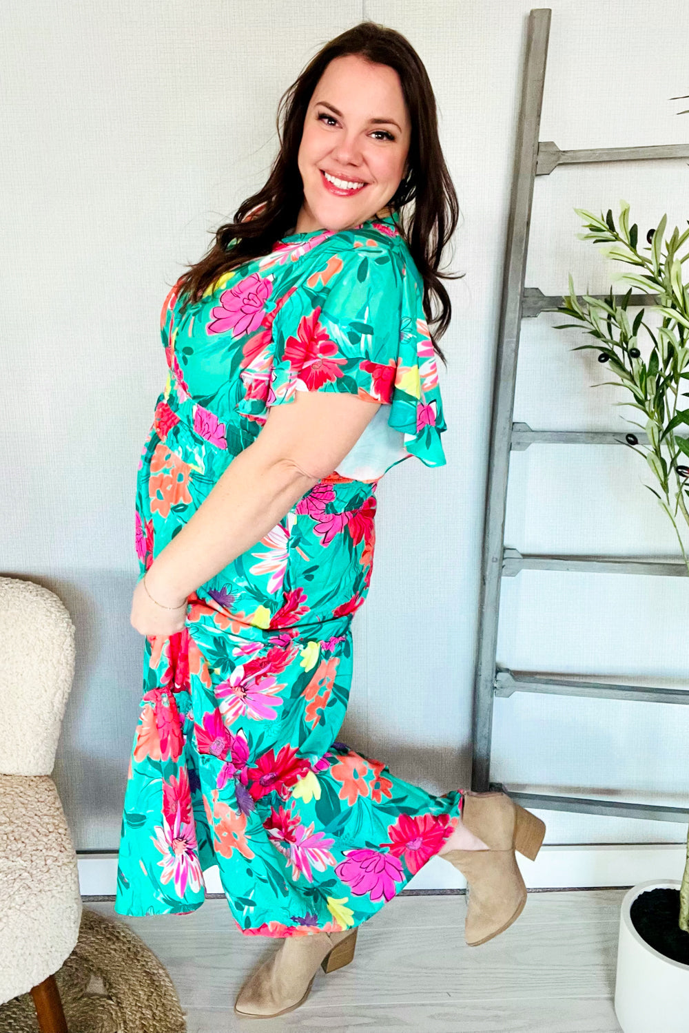 Hello Beautiful Multicolor Tropical Floral Smock Waist Maxi Dress