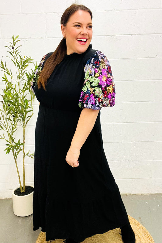 Black Floral Sequin Puff Sleeve Mock Neck Tiered Maxi Dress