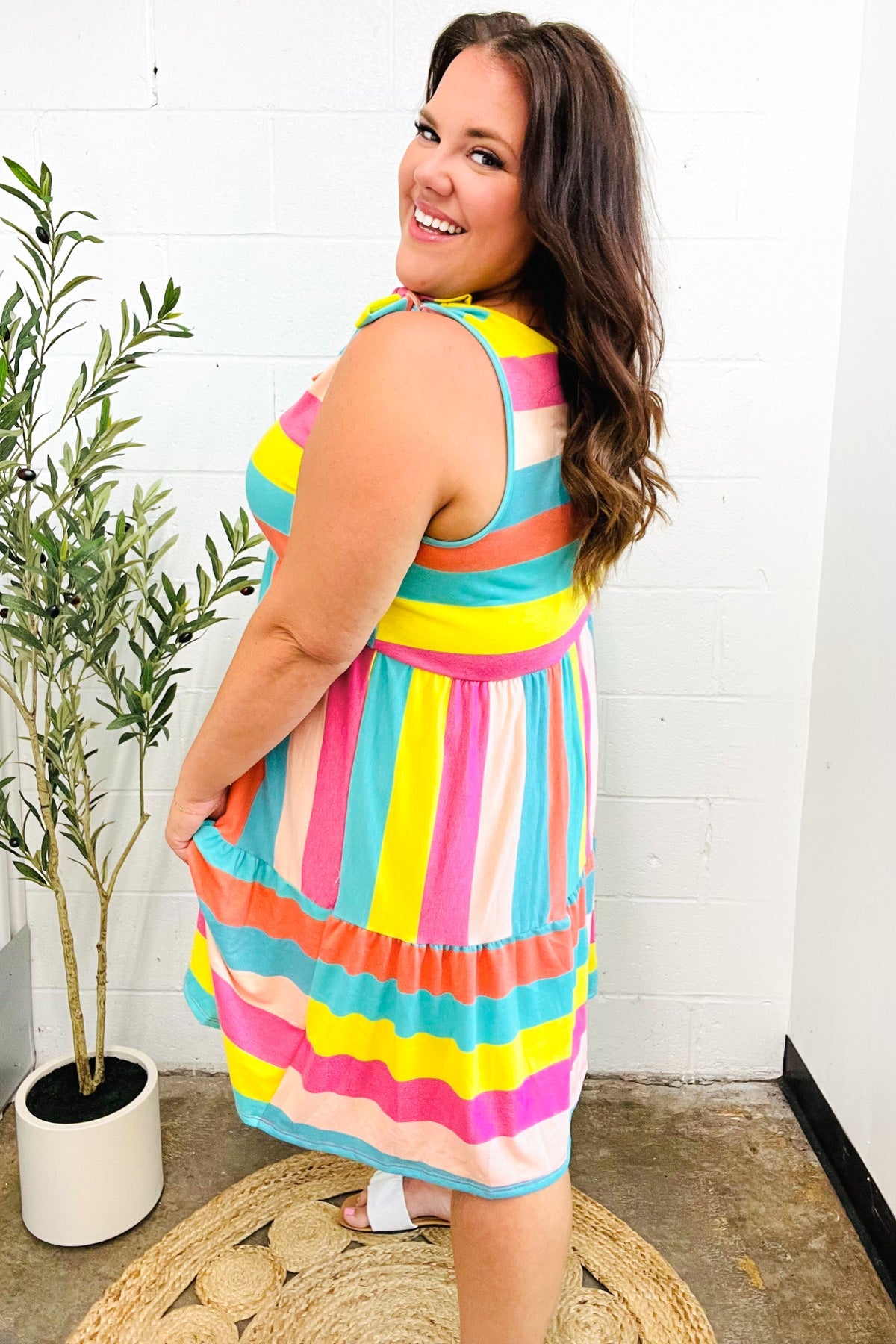 Start The Day Rainbow Stripe Shoulder Tie Tiered Dress