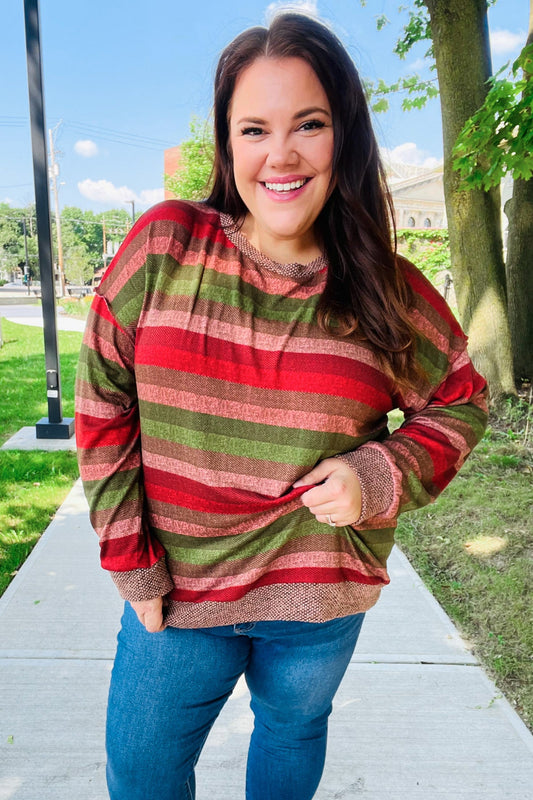 Perfectly You Olive & Mauve Stripe Two-Tone Banded Sweater Top