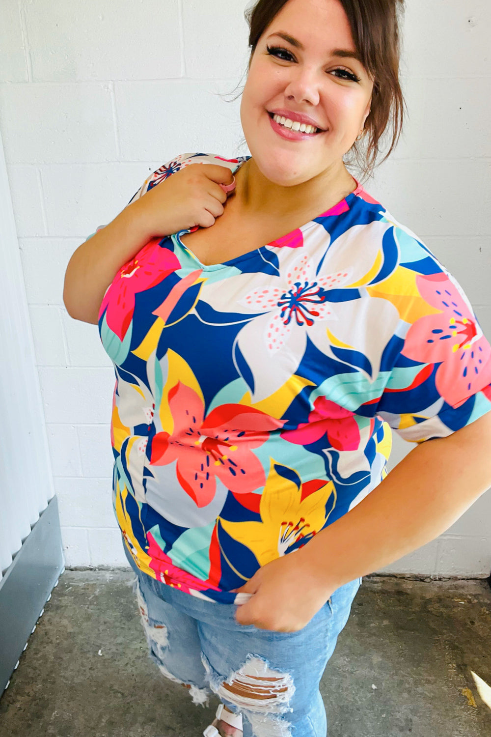 Navy & Yellow Tropical Floral V Neck Top