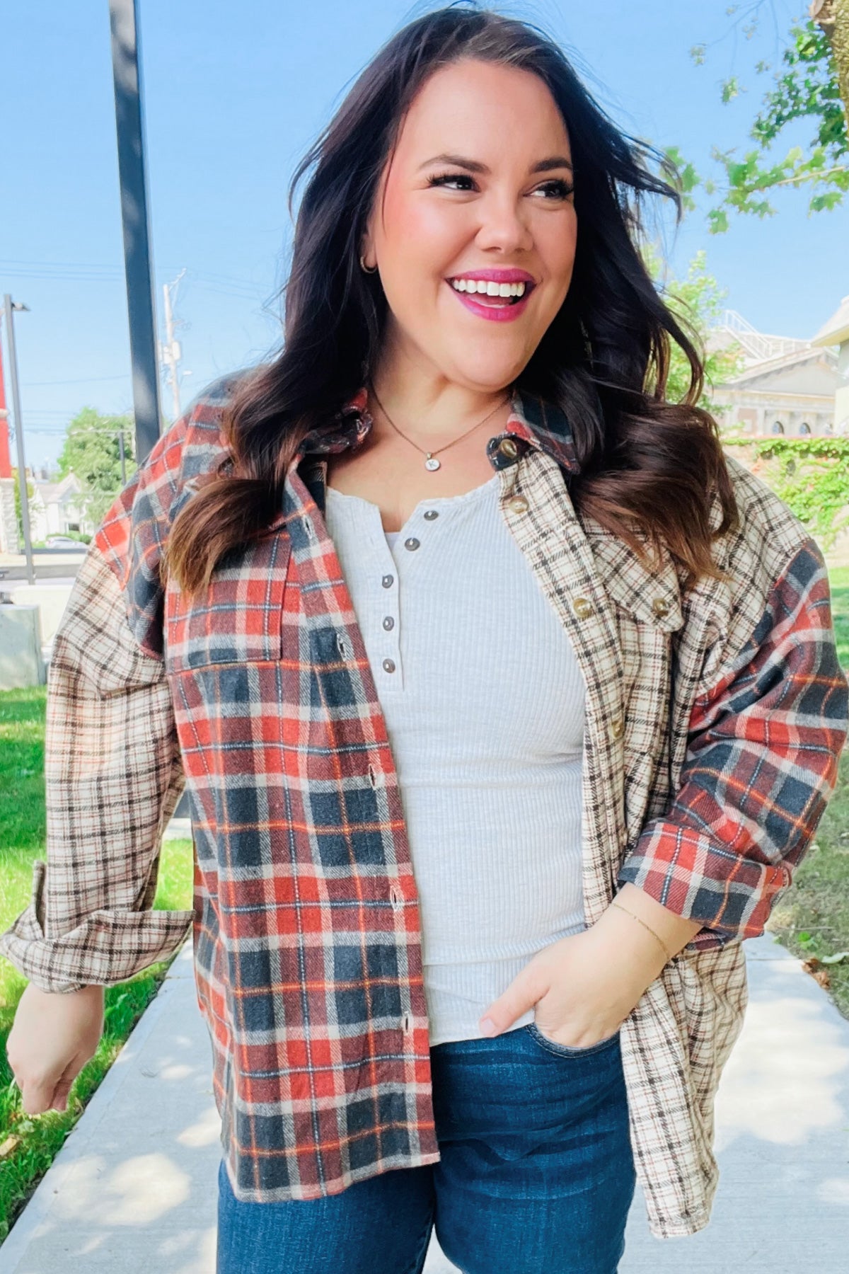 Make A Statement Rust & Taupe Plaid Color Block Shacket