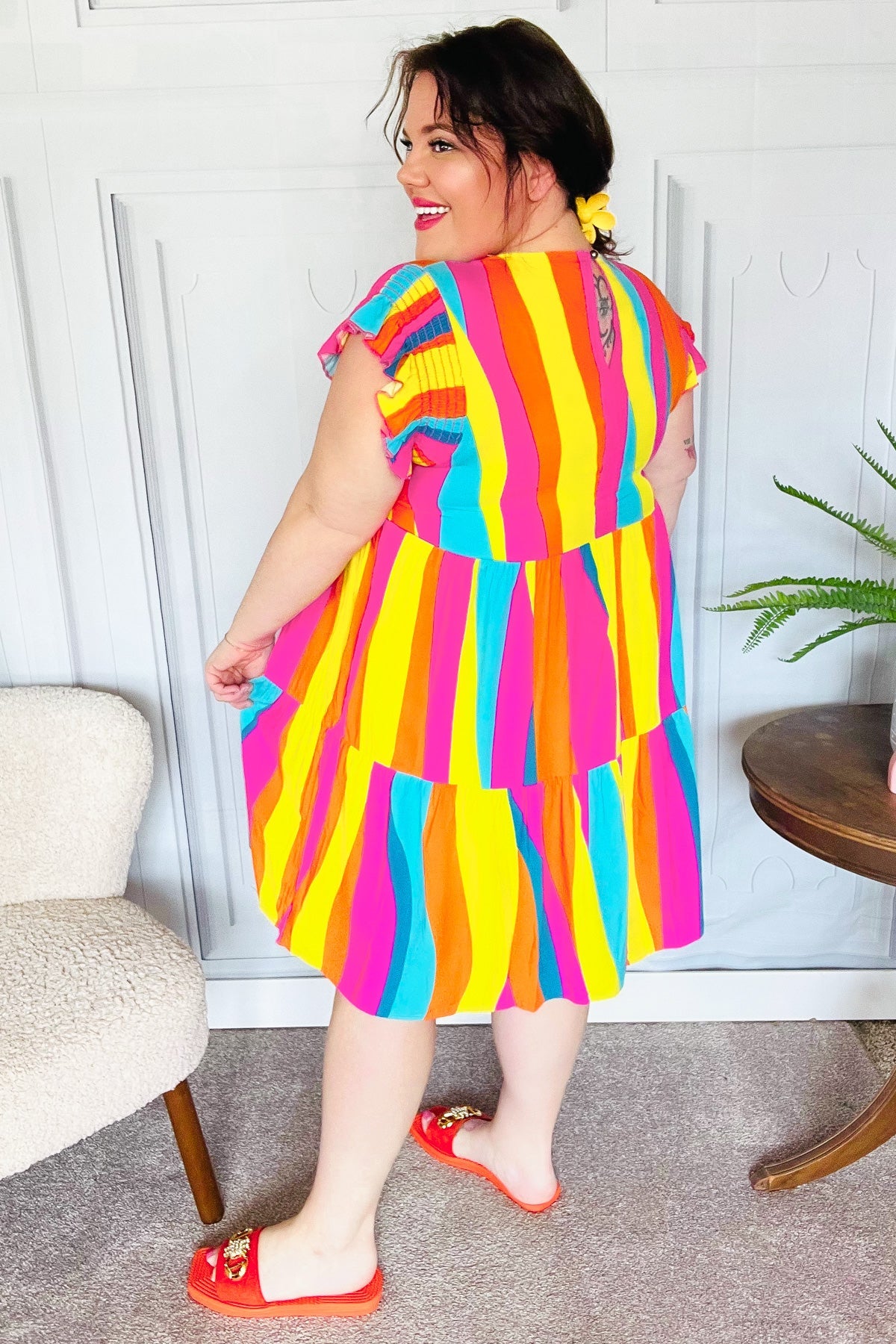 Eyes On You Multicolor Abstract Print Smocked Ruffle Sleeve Dress