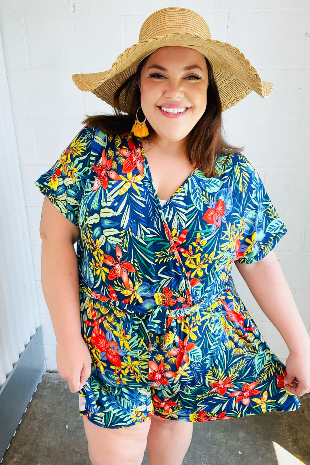 Navy Tropical Floral Surplice Romper